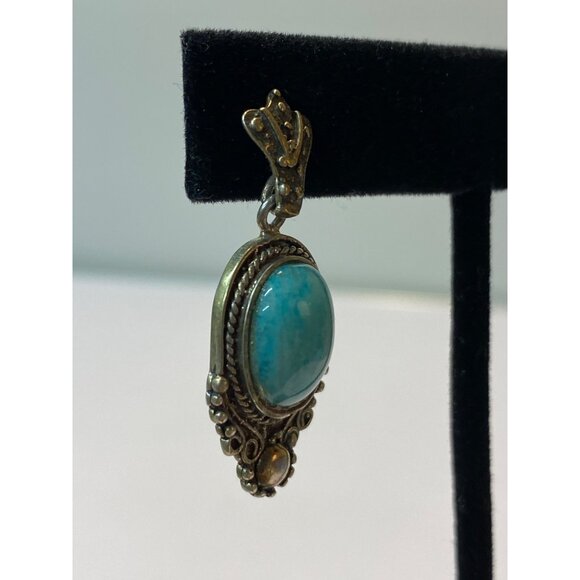 Vintage Sterling Silver Amazonite Gemstone Oval Drop Earrings 925 Ornate Dangle - Picture 5 of 8